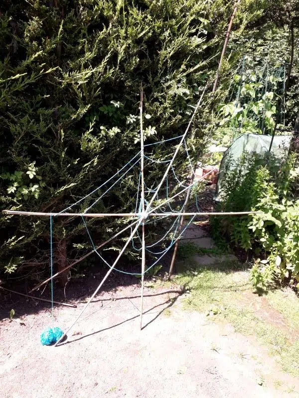 Spider webs made from sticks and string woven through them